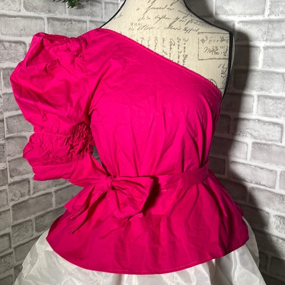 NWOT Women's One Shoulder Short Puff Sleeve Self Belted Solid Blouse Top - Picture 2 of 15